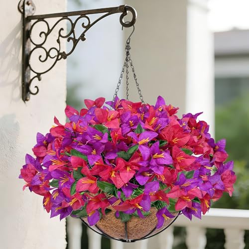 Artificial Fake Hanging Flowers Plants Baskets for Outdoors, Faux Silk Bougainvillea in Planter UV Resistant Realistic Spring Summer Decoration for Outside Porch Patio Yard Home Decor (Purple Hotpink) - color: 1 Set – Purple & Hot Pink Bougainvillea