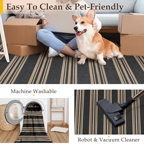 PureCozy Striped Easy Jute 2x6 Kitchen Runner Rug Black Washable Carpet for Hallway Non Slip Farmhouse Neutral Non Shedding Indoor Outdoor Long Rug Bathroom Bedroom Laundry Entryway - color: Black/Striped, size: 2' x 6' (Runner)