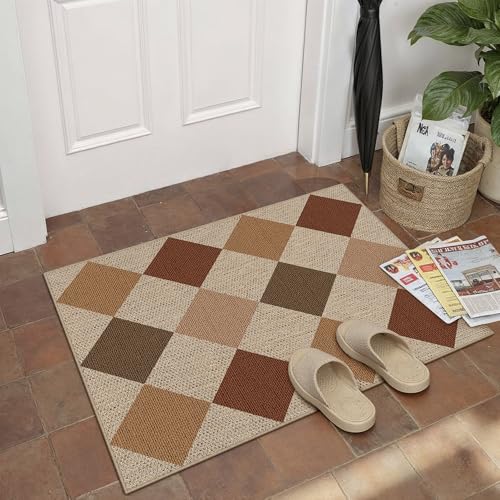 PureCozy 2x3 Checkered Easy Jute Kitchen Front Doormat Non Slip Washable Neutral Area Rug Diamond Non Shedding Low Pile Brown-Beige Checkerboard Floor Carpet for Farmhouse Entryway Porch Doorway - color: Multi Brown|checkerboard-1, size: 2' x 3' (Rectangu