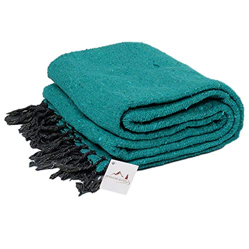 Open Road Goods Solid Color Mexican Yoga Blanket – Large Handwoven Throw for Yoga, Beach, Camping or Home – Soft and Durable Cotton Blend - color: Turquoise, Green