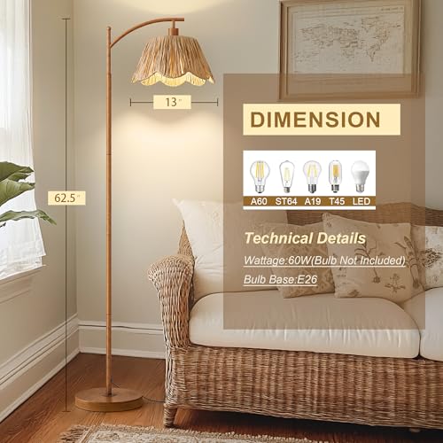 Oneach Rattan Floor Lamp for Bedroom, Boho Floor Lamp with Foot Switch, Farmhouse Standing Lamps for Living Room with Hand-Woven Shade, Walnut Metal Base & Pole - color: Walnut