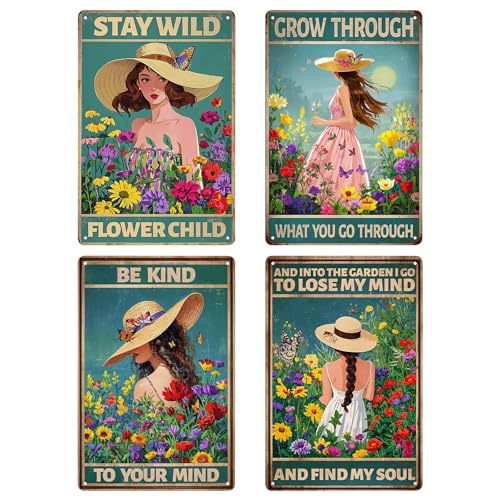 4PCS Vintage Tin Metal Sign, Boho Inspirational Wall Art Signs Decor, Hippie Metal Poster Retro Signs for Gifts Women Office Bedroom Kitchen Living Room Cafes Bar Public 8x12 Inch (Tin Sign05) - color: Tin Sign05