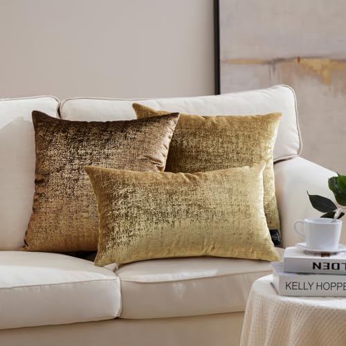 Phantoscope Pack of 2 Sparkling Velvet Decorative Solid Throw Decorative Pillow Cover Soft Gold Glitter Square Cushion Cover Pillowcase for Couch Bed and Chair, Gold, 20 x 20 inches, 50 x 50 cm - color: Gold, size: 20" x 20" (Pack of 2)