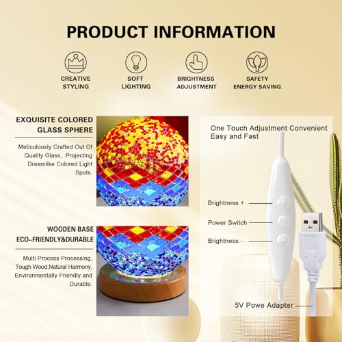 Mediterranean Mosaic Table Lamp Tiffany Style Lights USB Power Dimmable Ambient Lighting Spa Corner/Massage Room Decor Colored Coastal Bedside Lamp for Bedroom(5V 4.72"*5.31") - style: Mediterranean Orange