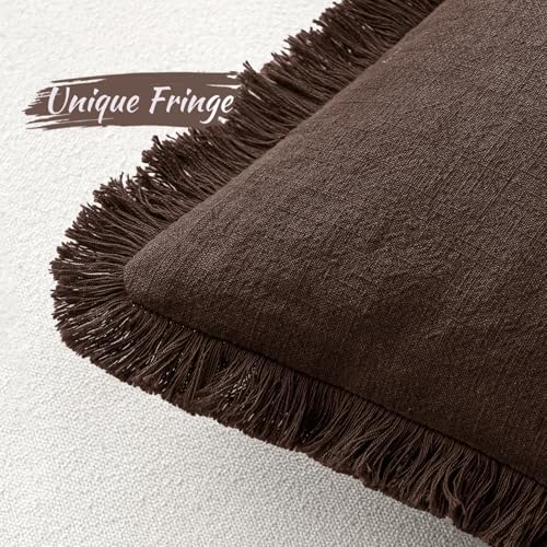 MIULEE Decorative Throw Pillow Covers Neutral Linen Fringe Throw Pillows Set of 2 Dark Brown Boho Farmhouse Cushion Covers with Tassels for Couch Sofa Bed Living Room Spring Decor 18x18 Inch - color: Dark Brown, size: 18" x 18" (Pack of 2)
