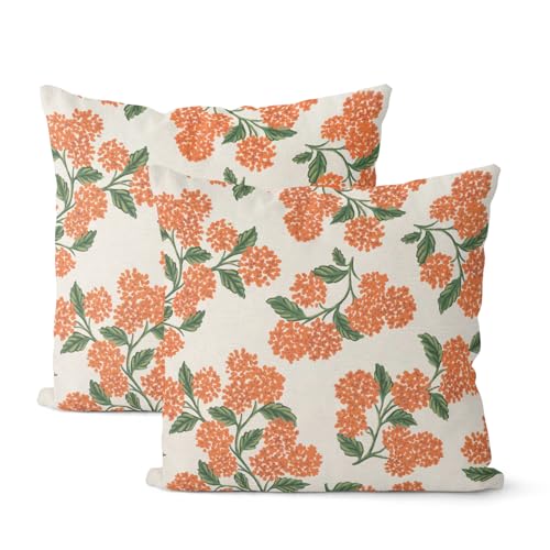 Fall Burnt Orange Pillow Covers 16x16 Inch 2 Pcs Green Hydrangea Flower Decor Throw Pillows Vintage Floral Seasonal Autumn Outdoor Decoration Pillowcase Linen Cushion Cover for Couch Sofa - color: Burnt Orange Hydrangea, size: 16" x 16" (Pack of 2)