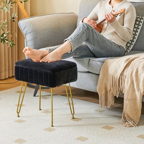 IBUYKE Stool Chair with Storage Space, Footrest Footstool Ottoman, Small Side Table, with 4 Metal Legs, with Anti-Slip Feet, for Makeup Room, Bedroom, Black, Faux Fur LG-50B - color: Black, size: 15.8"D x 11.8"W x 18.9"H