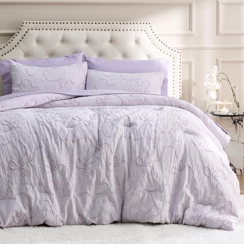 Bedsure Lavender Comforter Set Queen, GentleSoft™ 3 Pieces Breathable Bow Comforter Set Women Girls with 2 Pillow Shams, Cute Queen Bedding Sets Room Decor Aesthetic Bedroom Decor, 90x90 Inches - color: 01 - Bow Lavender, size: Queen (90" x 90")