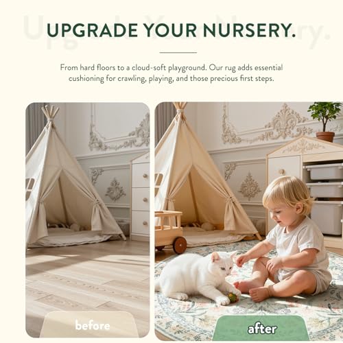 Lahome Sylvie Round Boho Floral Rugs 4ft, Cream Washable Circle Rugs for Bedroom Nursery, Vintage Beige Circular Carpet, Soft Non-Slip Carpet for Kids Room Playroom Calm Corner, Beige - color: Beige, size: 4' (Round)