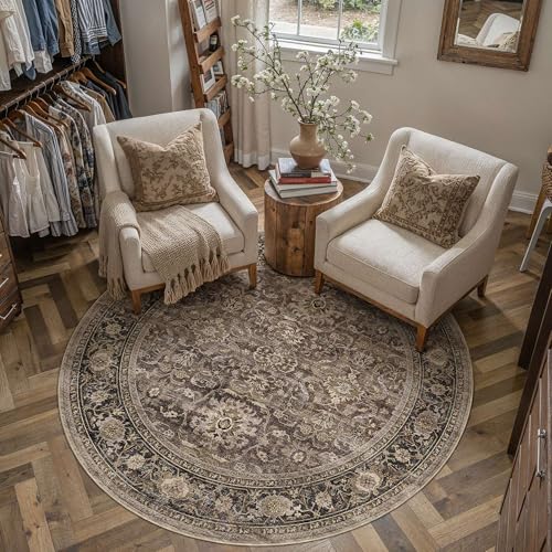 HUGEAR Brown Washable 4x4 Round Area Rugs for Living Room Bedroom Vintage Distressed Neutral Rug Carpet Durable Soft Non Slip & Shedding Stain Resistant Low Pile Indoor Home Decor - color: Retro | Brown, size: 4' (Round)