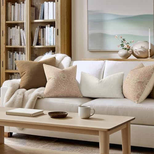 Vintage Floral Print Throw Pillow Covers 16x16 Set of 2 Neutral Modern Farmhouse Pillowcases Accent Decorative Cushion Covers Boho Home Decor for Couch Sofa Chair Bed Living Room, Champagne Pink - color: Champagne Pink, size: 16" x 16" (Pack of 2)