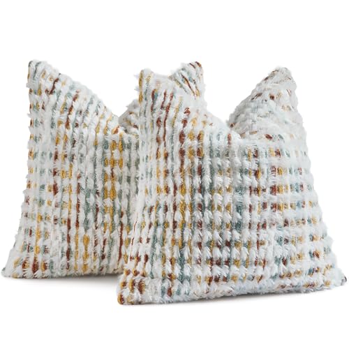 AmHoo Set of 2 Boho Chenille Pillow Cover Decorative Tufted Pillowcase for Couch Bed Sofa Bedroom Living Room Modern 18 x 18-Inch Brown White - color: Brown White, size: 18" x 18" (Pack of 2)