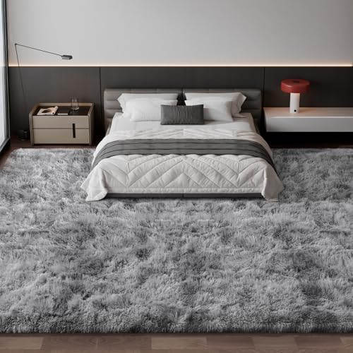 Deerhoo Large Shag Area Rugs 10 x 14, Tie-Dyed Plush Fuzzy Rugs for Living Room, Ultra Soft Fluffy Furry Rug for Bedroom, Anti-Skid Indoor Carpet Nursery Rugs for Kids Room Home Decor, Light Grey - color: Tie-dyed Light Grey, size: 10 x 14 ft