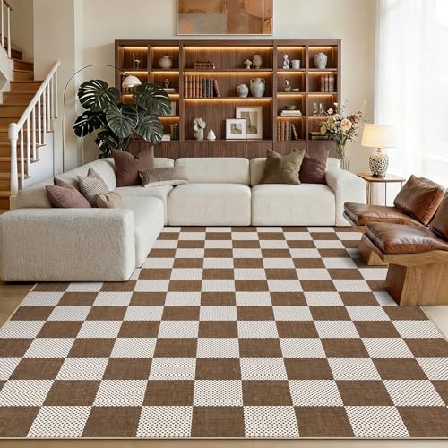 GarveeHome Checkered Terracotta Brown 5x7 Washable Rug Geometric Diamond Dot Modern Neutral Boho Soft Low-Pile Rug for Bedroom Nursery Living Room Entryway Non-Slip TPE Backing - color: Terracotta Brown, size: 5' x 7' (Rectangular)