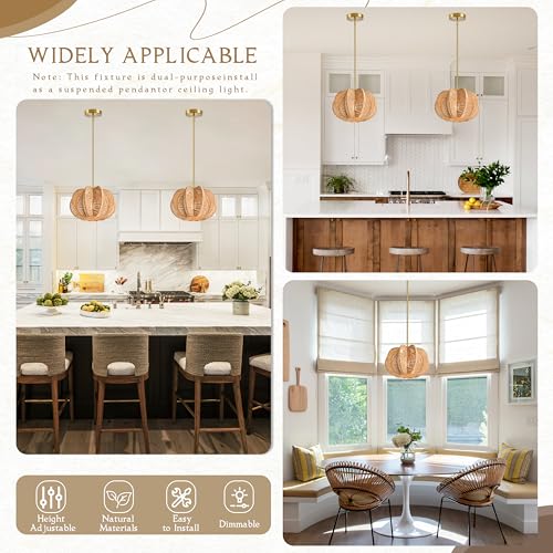 Rattan Pendant Light 12.6 in Hemp Rope Rattan Light Fixture Woven Pendant Wicker Chandelier Boho Chandelier for Hallyway - color: 12.5" Natural