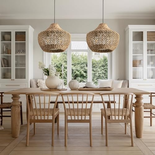 Hand-Woven Boho Rattan Chandelier Pendant Light Fixture - Brown Wicker Hanging Lamp for Kitchen Island, Dining Room, Bedroom, Foyer, Entryway, Porch or Restaurant Ceiling Lighting 15 Inch
