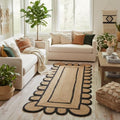 Jute Runner Rug 2x6 ft Handcrafted with Scalloped Black Border – Boho Farmhouse Entryway Kitchen Hallway Runner Rug, Natural Fiber Woven Floor Carpet for Living Room Bedroom - size: 2' x 6' (Rectangular)