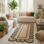 Jute Runner Rug 2x6 ft Handcrafted with Scalloped Black Border – Boho Farmhouse Entryway Kitchen Hallway Runner Rug, Natural Fiber Woven Floor Carpet for Living Room Bedroom - size: 2' x 6' (Rectangular)