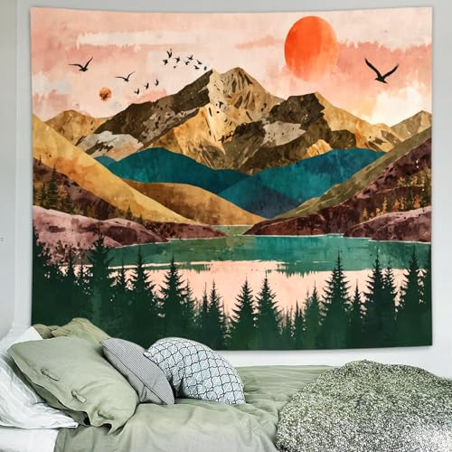 Delur Mountain Tapestry Boho Sunset Nature Forest Tree Tapestry Wall Hanging Sunrise River Lake Landscape Psychedelic Headboard for Bedroom Living Room Home Decor (70.8" x 92.5") - color: Sunset Mountain, size: 70.8"L x 92.5"W