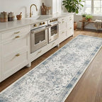 Rugxara 2'6" x 8' Hallway Runner Rug, Non Slip Boho Runner Rugs for Hallway, Kitchen, Entrance, Bathroom, Laundry Room, Soft Ultra-Thin Entryway Carpet, Throw Low Pile Retro Carpet, Blue/Grey - color: Blue & Grey, size: 2'6" x 8' (Runner)