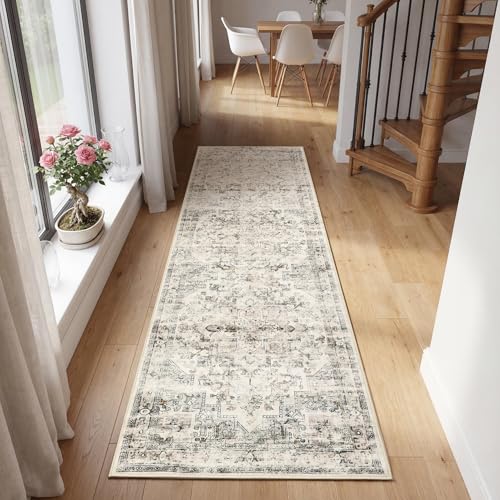 GarveeHome Washable Rug Runner 2x6 Vintage Runners for Hallways Non Slip Low Pile Long Rugs Stain Resistant Kitchen Rug Floral Soft Kitchen Rugs Carpet for Laundry Entryway Bedroom Beige - color: Beige, size: 2' x 6' (Rectangular)