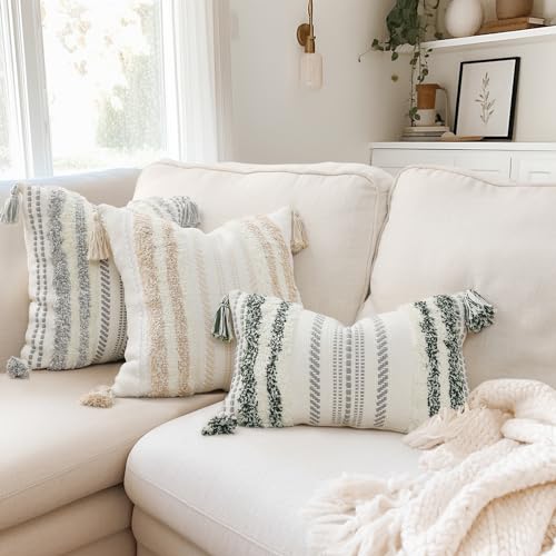 decorUhome Summer Decorative Boho Throw Pillow Covers 18x18 Set of 2, Accent Neutral Textured Tufted Pillow Covers Striped for Couch Bed Sofa Living Room, Grey and Cream White - color: Grey and Cream White, size: 18" x 18" (Pack of 2)