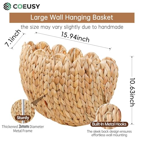 Coeusy Wicker Wall Basket, Boho Scalloped Wall Basket,Large Wall Hanging Baskets for Nursery,Door,Plants,Mail,Natural Water Hyacinth - color: Water Hyacinth