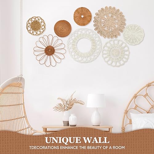 Boho Wall Basket Decor Set of 8,Rattan Flower Wall Decor,Flat Woven Baskets Wall Hanging Decor,Unique Boho Wicker Seagrass Wall Decor(Rattan Classic) - style: Classic rattan