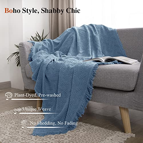 Simple&Opulence 100% Cotton Throw Blanket for Bed, Couch, Boho Luxury Geometric Knit Woven Blanket with Tassels Soft Lightweight Cozy Breathable, Vintage Farmhouse Decoration for All-Season(Blue) - color: Classic Blue