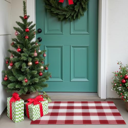 Buffalo Plaid Area Rug, Checkered Rug 3x5 Ft, Red and White Rug, Washable Cotton Mat for Front Porch, Entryway, Kitchen, Living Room, Christmas Decor - color: Red & White, size: 3' x 5' (Rectangular)