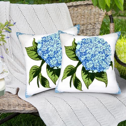 Alysheer Spring Hydrangea Embroidered Decorative Throw Pillow Covers 18"x 18" Set of 2, Summer Blue Green Floral Tufted Patterned Cotton Cushion Cases for Couch Bed Living Room Decor - color: Hydrangea Blue, size: 18" x 18" (Pack of 2)