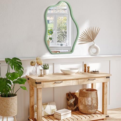 Asymmetrical Large Mirror Irregular Modern Mirror for Wall Decor Wooden Framed Hanging Wall Mirror Unique Shape Vanity Cloud Mirrors Decorative for Bedroom Bathroom Living Room Entryway - color: Olive, size: 26"L x 18"W