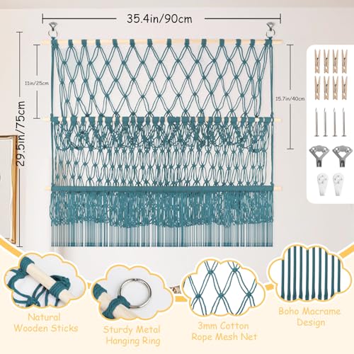 2 Tier Stuffed Animal Storage Shelf Net, 35x30'' Large Plushie Net w/ 2.4/1'' Dense Mesh for Mini Medium Stuffy Teddy, Aqua Boho Macrame Plush Holder Display w/Lights&Clips for Nursery Decor - color: Aqua, size: Large-2 Tier-35x30 Inch