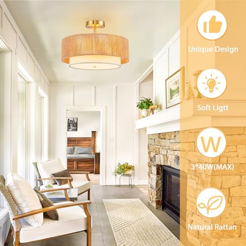 SineRise 16'' Rattan Flush Mount Ceiling Light Fixture,2-Tier Drum Hand-Woven Boho Flush Mount Ceiling Light,Farmhouse Light Fixture for Living Room,Kitchen,Bedroom Foyer Entryway ect. - color: Gold, size: Large Ceiling
