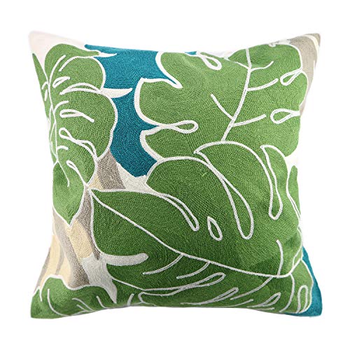 Embroidery Throw Pillow Cover Tropical Leaves 18x18 Inches Decorative Floor Pillow Cover for Couch 100% Cotton Cushion Cover Pillow Case Full Size Monstera Leaf Embroidered, Green, 1 Piece - color: Green 4 Mc