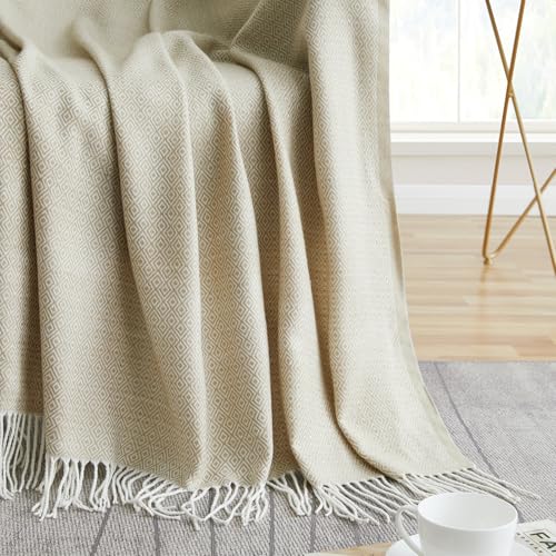BOURINA Throw Blanket Decorative Faux Cashmere Fringe Lightweight Throw Soft Cozy for Bed or Sofa Outdoor Blanket, 50" x 60" Beige - color: Beige, size: 50"x60"
