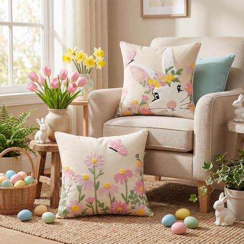 AVOIN colorlife Easter Spring Rabbit Floral Embroidered Throw Pillow Covers, 18 x 18 Inch Butterfly Flowers Tufted Patterned Linen Decoration Cushion Case for Sofa Couch Set of 2