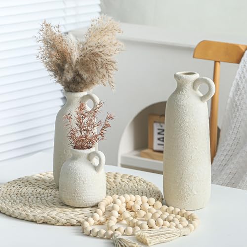 Ceramic Vase Set of 3 with Handle, Neutral Rustic Vases Home Decor Farmhouse Decorative Vase Whitewashed Pottery Decor Modern for Table Mantel Entryway Bookshelf Living Room Kitchen Bedroom - White - color: 010 Vase Set With Handle - White