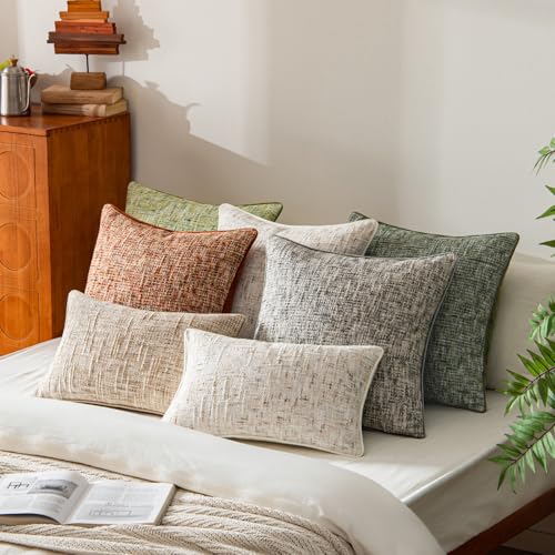 a moment Beige Reversible Pillow Covers 2 Pack - Farmhouse Chenille Velvet Throw Pillows, Neutral Textured Decorative Throw Pillow Covers with Border for Couch Sofa Bed (22x22 Inch, No Insert) - color: Beige, size: 22" x 22" (Pack of 2)