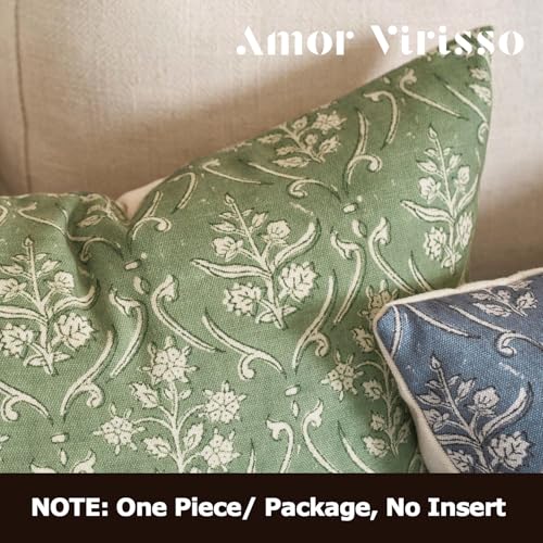 Amor Virisso Floral Pillow Covers 20x20 Inch Farmhouse Block Print Pillow Cover Accent Square Neutral Modern Decorative Throw Pillow Covers for Living Room Couch Bed Sofa Chair, Sage Green - color: Sage Green, size: 20" x 20" (Pack of 1)