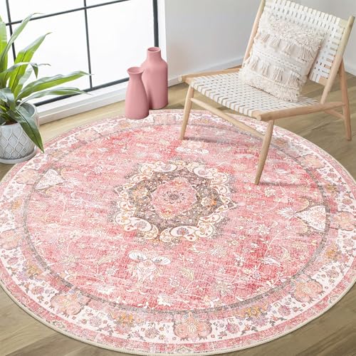 Pink Round Rug 4ft, Circle Washable Area Rugs for Bedroom Bathroom Entryway Kitchen, Small Boho Vintage Bohemian Distressed Oriental Floral Carpet Non Slip,Blush Floral Flowers - color: Pink, size: 4'x4'