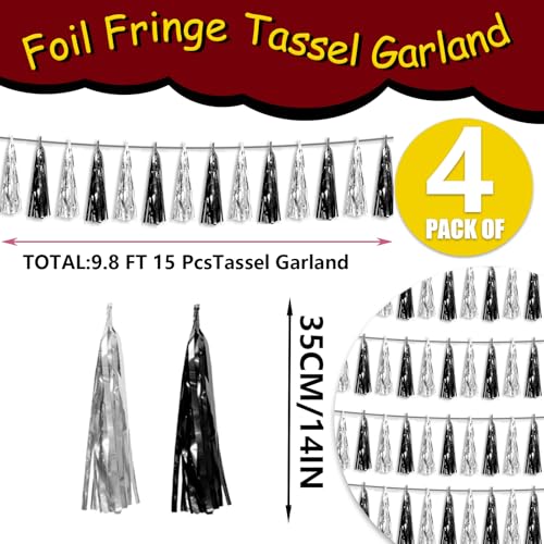 4P Black Silver Foil Fringe Metallic Tassel Streamers Banner Tassel Garland for Parade Floats, Graduation, Wedding, Birthday, Halloween, Christmas, Bridal/Baby Shower Party Decorations - color: Black Silver