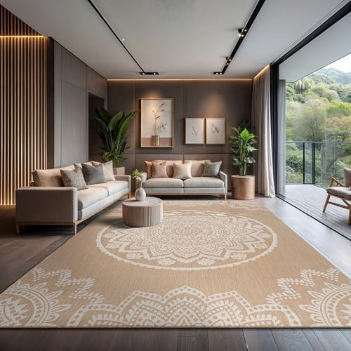 CAMILSON Outdoor Rug 10x14 Modern Area Rugs for Large Indoor and Outdoor Patios and Porches - Washable, Non-Shedding, Easy-to-Clean Outside Carpet (10 x 14, Medallion - Beige/White) - color: Medallion - Beige / White, size: 10' x 14' (Rectangular)