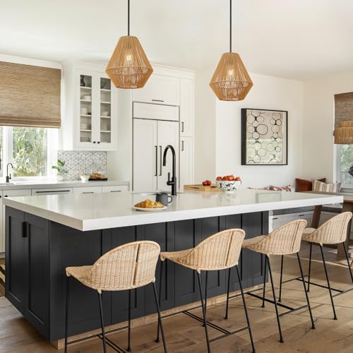LynPon 12“ Boho Rattan Pendant Light with Rod Hanging, Black Boho Light Fixture with Hanging Lamp Shade, Farmhouse Coastal Wicker Pendant Light for Kitchen Dining Room Bedroom Hallway Foyer Bathroom - color: 12" Black and Natural