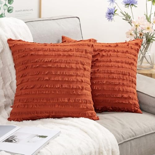 MIULEE Set of 2 Fall Decorative Boho Throw Pillow Covers Linen Striped Jacquard Pattern Cushion Covers for Sofa Couch Living Room Bedroom 16x16 Inch Burnt Orange - color: Burnt Orange, size: 16" x 16" (Pack of 2)