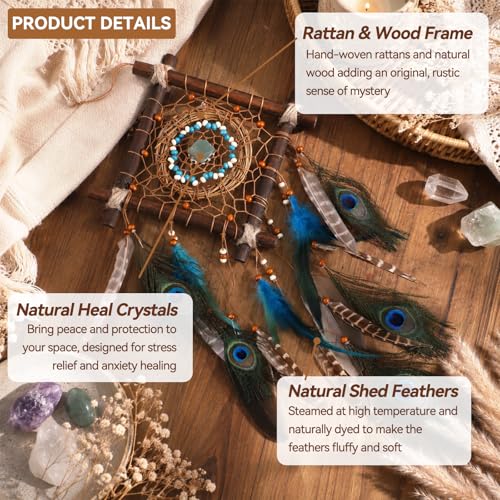 Rattan Dream Catchers with Peacock Feather, Boho Wall Decor Rustic Wooden Native American Wall Art for Bedroom Living Room (Blue Peacock) - color: Blue Peacock