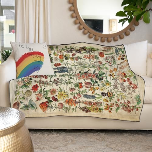 Vintage Flowers Throw Blanket 59”x51” Long Vertical Reference Illustrative Botanical Throws for Bedroom Aesthetic Floral Blankets Botanical Plants Throw Blanket Cute Bedroom Decor - color: Vintage Flowers