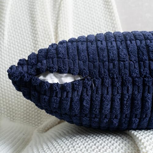 Corduroy Decorative Throw Pillow Covers 18x18 Inch Set of 2, Soft Striped Boho Pillow Covers Modern Farmhouse Home Decor for Couch Sofa Living Room Bed Neutral Dark Blue - color: Navy Blue, size: 18" x 18" (Pack of 2)