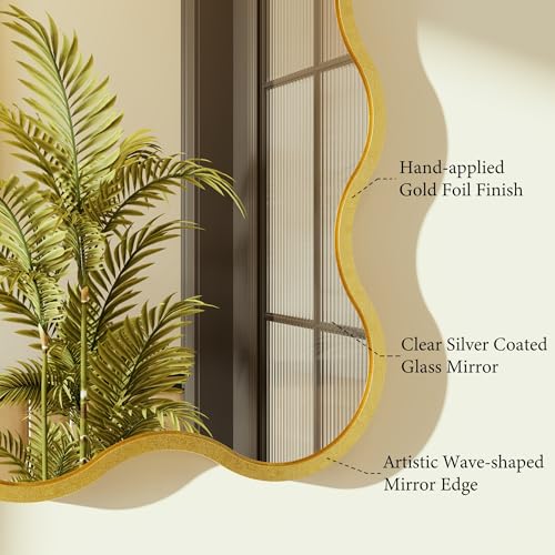 Kelly Miller 26x48 Inch Gold Scalloped Mirror, Large Rectangular Wavy Edge Bathroom Vanity Wall Mirror Decorative for Bedroom Living Room Entryway Fireplace Mantle - size: 48"L x 26"W