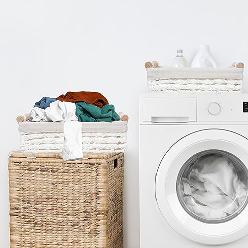Storage Basket Wicker Baskets for Organizing with Handle Decorative Storage Bins for Countertop Toilet Paper Storage Basket for Toilet Tank Top Small Baskets Set (Set of 2,White) - color: white